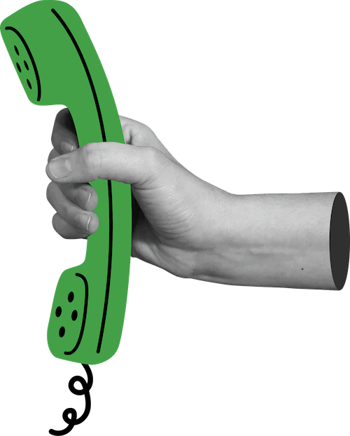 Hand holding a green vintage-style phone receiver, symbolizing communication, consultation, and client support.