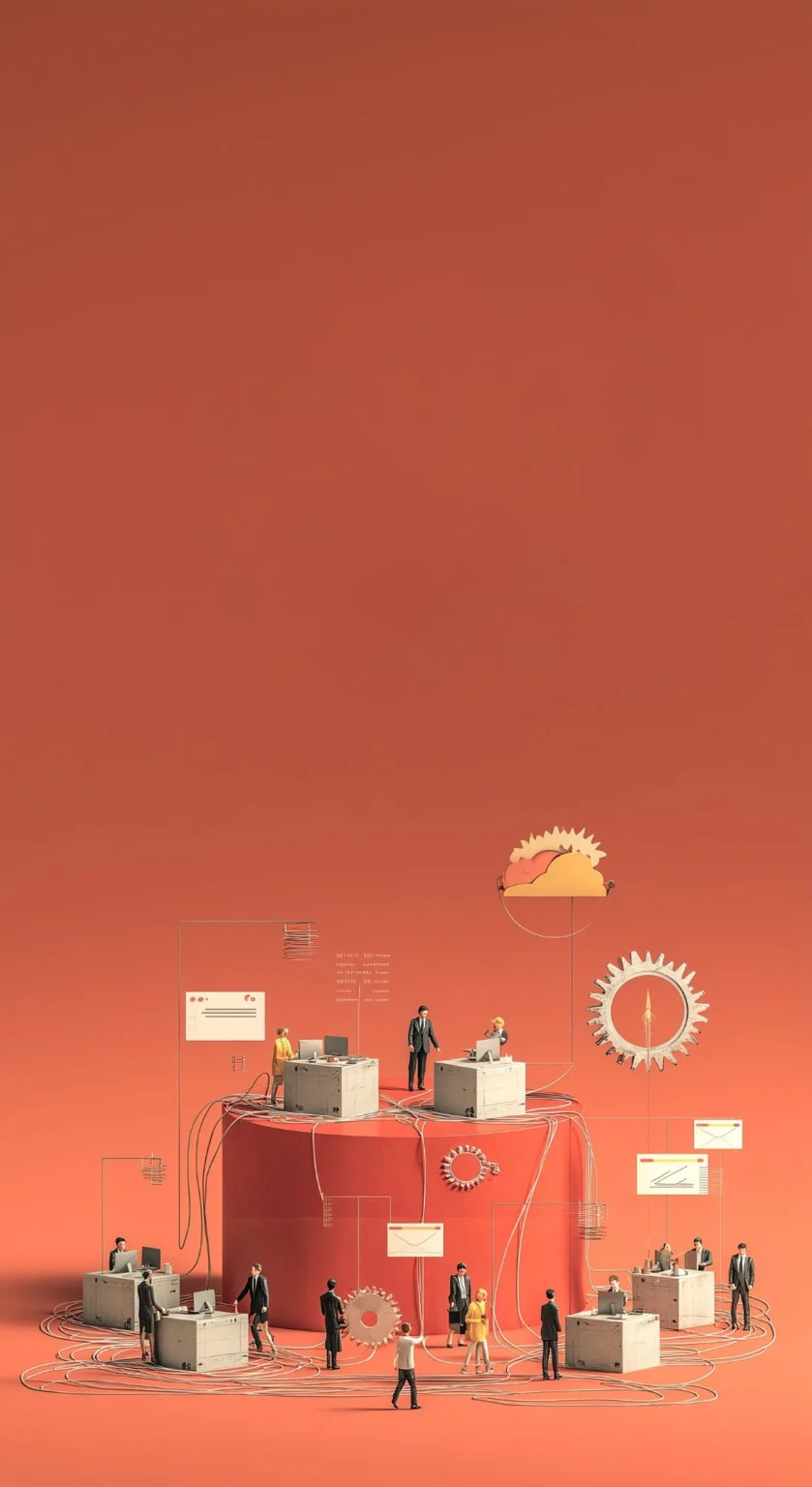 Image representing the dangers of not having business automation and digital transformation through miniature professionals and geometric systems architecture on a red vertical stage