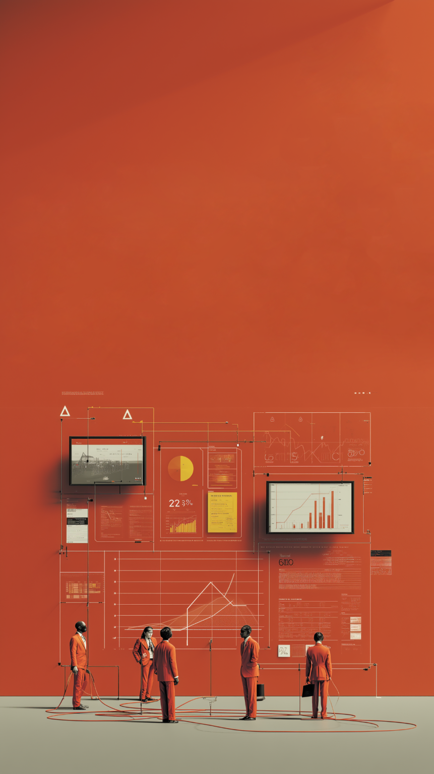 Strategic visualization of business professionals in orange suits facing a complex wall of disconnected data charts and tangled red wiring, symbolizing the pain of fragmented CRM systems.
