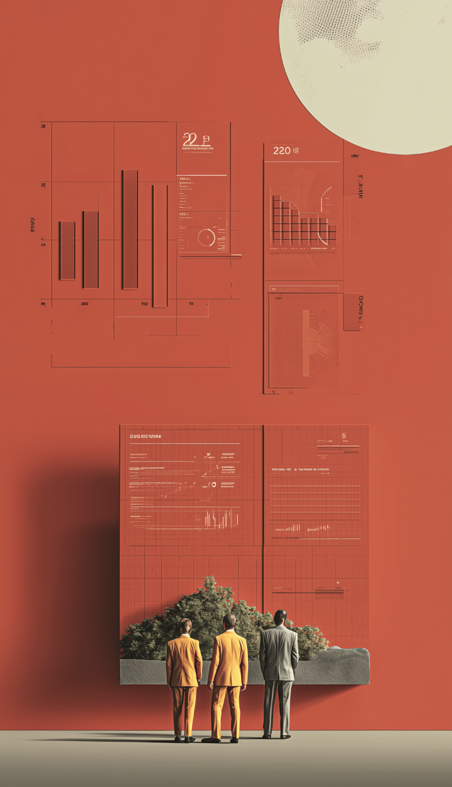 Three miniature business professionals facing a large wall of disconnected data charts and red strategic silos.